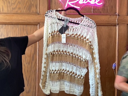 white/tan/silver rain rose Women-Tops, XS